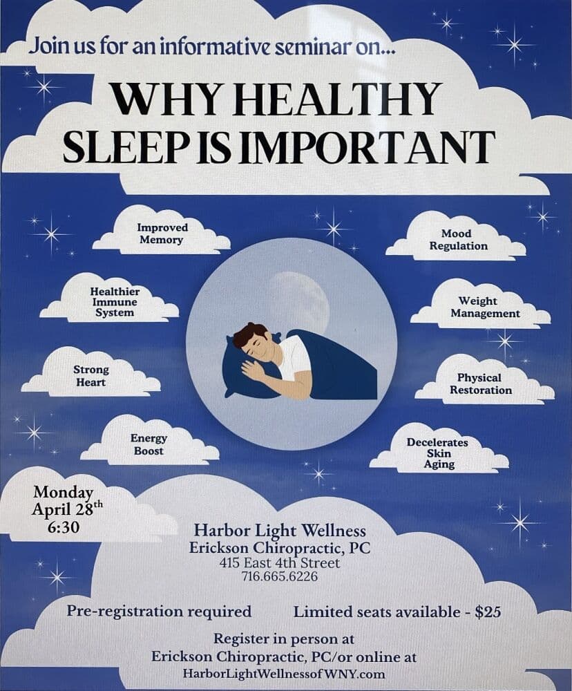 Flyer for the Why Healthy Sleep is Important seminar, Monday April 28 at 6:30, limited seats at $25