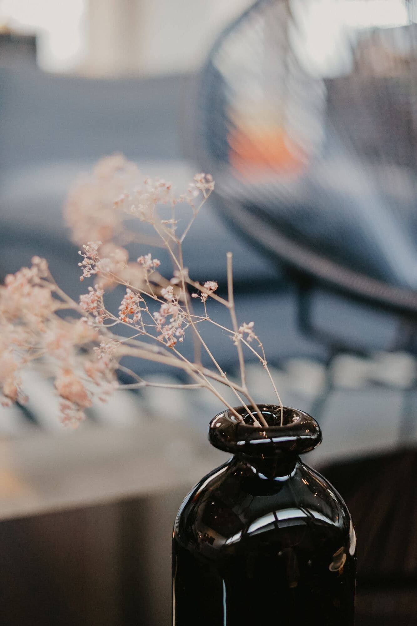 Dried flowers in a dark glass vase in soft light