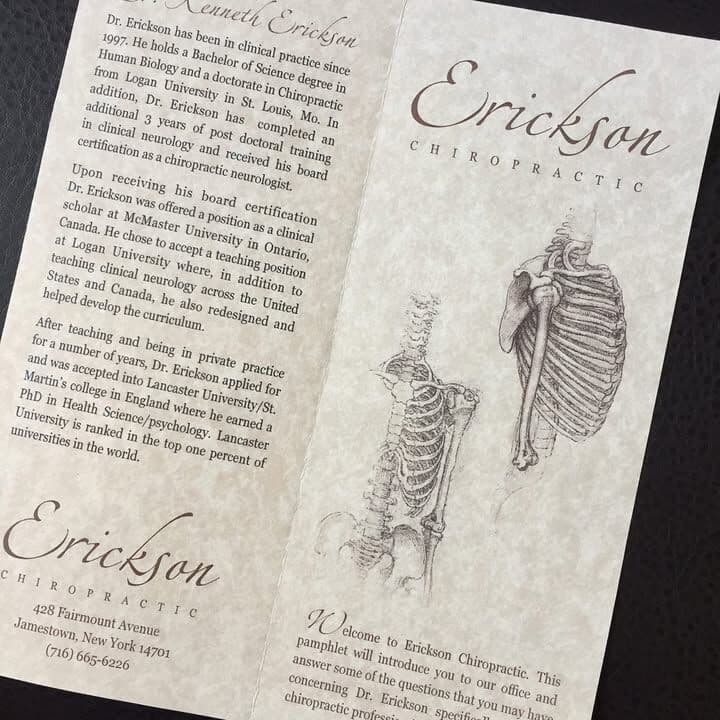 An early Erickson Chiropractic brochure with a skeleton illustration