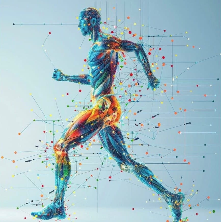 Illustration of a running figure with its muscles and nerves lit up, from Dr. Erickson's class on movement