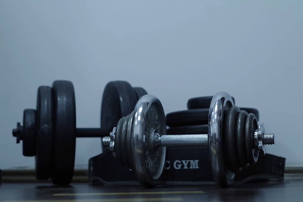A pair of dumbbells resting on a rack in a quiet weight room